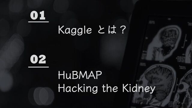 01
Kaggle とは？
02
HuBMAP
Hacking the Kidney
