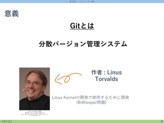研究室ミーティング 12/1
2023/12/1 6
2023/12/1 6
意義
分散バージョン管理システム
作者 : Linus
Torvalds
Linux Kernelの開発で使用するために開発
(BitKeeper問題)
Linus Torvaldsの写真
著作者：Krd CC 表示-継承 4.0
https://commons.wikimedia.org/wiki/File:LinuxCon_Europe_Lin
us_Torvalds_03.jpgによる
Gitとは
