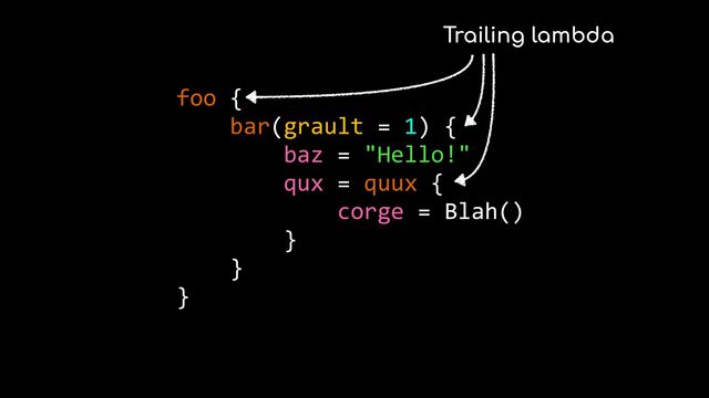 foo {


bar(grault = 1) {


baz = "Hello!"


qux = quux {


corge = Blah()


}


}


}
Trailing lambda
