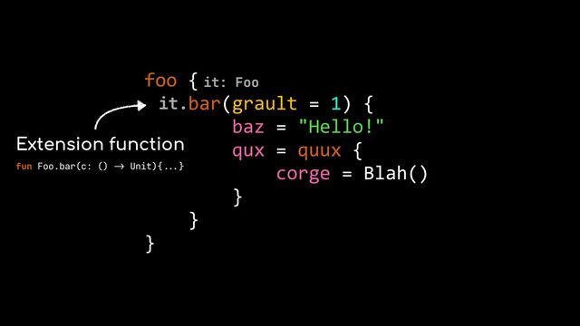 foo {


bar(grault = 1) {


baz = "Hello!"


qux = quux {


corge = Blah()


}


}


}
Extension function
it: Foo
fun Foo.bar(c: ()
->
Unit){
...
}


it.
