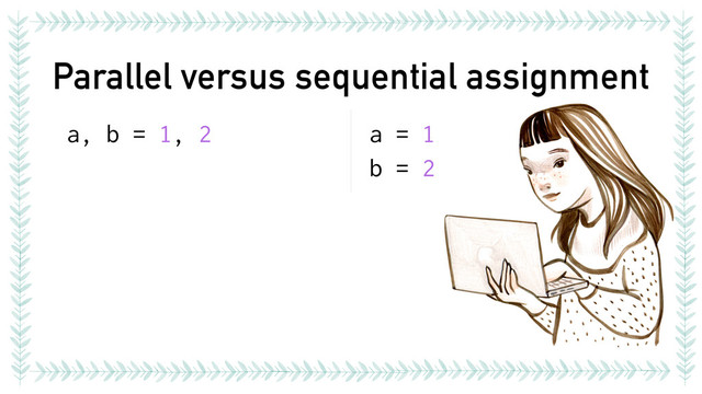 Parallel versus sequential assignment
a, b = 1, 2 a = 1
b = 2
