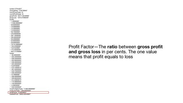 Pro
fi
t Factor—The ratio between gross pro
fi
t
and gross loss in per cents. The one value
means that pro
fi
t equals to loss
symbol: ETHUSDT

winningRatio: "0.94736842"

numOfLossTrade: 19

numOfPro
fi
tTrade: 18

grossPro
fi
t: "30171.32449936"

grossLoss: "-3515.41900049"

pro
fi
ts:

- "1.59999990"

- "11586.99999990"

- "20.60000000"

- "16.89999999"

- "10.39999989"

- "12.00000000"

- "30.70000000"

- "276.80000000"

- "267.10000000"

- "205.80000000"

- "26.29999999"

- "24.60000000"

- "29.90000000"

- "10716.39999990"

- "146.24999989"

- "10.01649999"

- "175.20000000"

- "6613.75799990"

losses:

- "-36.58000000"

- "-202.20000000"

- "-208.20000000"

- "-203.90000000"

- "-239.30000000"

- "-220.30000000"

- "-6.49700000"

- "-270.10000010"

- "-267.20000000"

- "-248.70000000"

- "-236.50000000"

- "-9.19999999"

- "-268.89999999"

- "-299.80000000"

- "-214.03850010"

- "-170.08900000"

- "-159.00000000"

- "-5.38250000"

- "-249.53200030"

mostPro
fi
tableTrade: "11586.99999990"

mostLossTrade: "-299.80000000"

pro
fi
tFactor: "8.58256853"

totalNetPro
fi
t: "26655.90549887"
