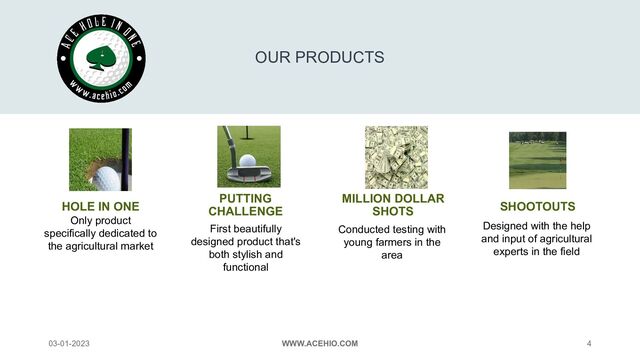 OUR PRODUCTS
HOLE IN ONE
Only product
specifically dedicated to
the agricultural market
PUTTING
CHALLENGE
First beautifully
designed product that's
both stylish and
functional
MILLION DOLLAR
SHOTS
Conducted testing with
young farmers in the
area
SHOOTOUTS
Designed with the help
and input of agricultural
experts in the field
03-01-2023 WWW.ACEHIO.COM 4
