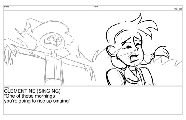Scene
1
Panel
182 / 689
Dialog
CLEMENTINE (SINGING)
“One of these mornings
you’re going to rise up singing"
