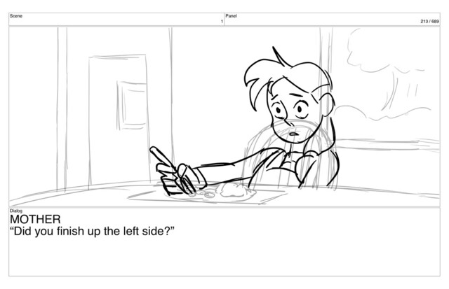 Scene
1
Panel
213 / 689
Dialog
MOTHER
“Did you ﬁnish up the left side?”
