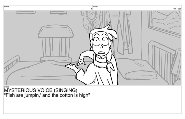 Scene
1
Panel
405 / 689
Dialog
MYSTERIOUS VOICE (SINGING)
“Fish are jumpin,' and the cotton is high”
