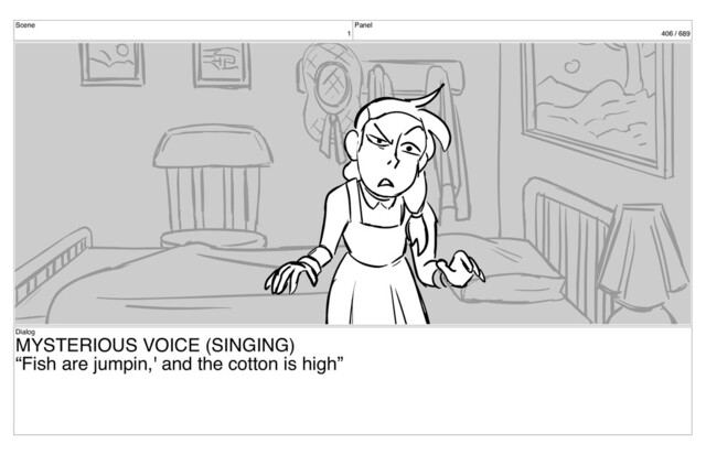 Scene
1
Panel
406 / 689
Dialog
MYSTERIOUS VOICE (SINGING)
“Fish are jumpin,' and the cotton is high”
