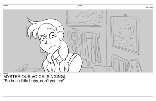 Scene
1
Panel
417 / 689
Dialog
MYSTERIOUS VOICE (SINGING)
“So hush little baby, don't you cry”
