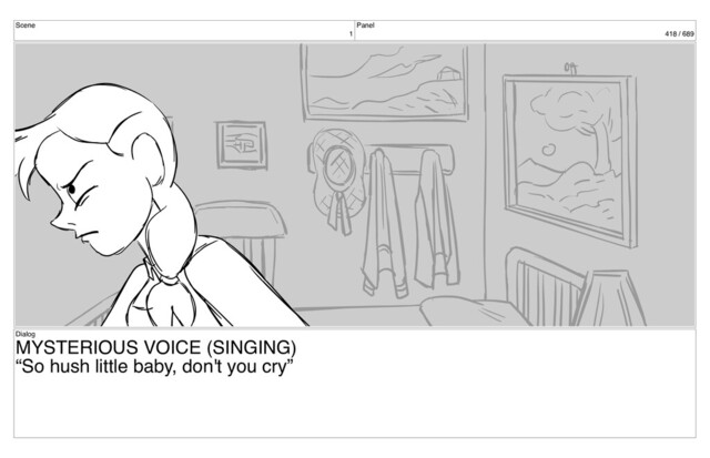 Scene
1
Panel
418 / 689
Dialog
MYSTERIOUS VOICE (SINGING)
“So hush little baby, don't you cry”
