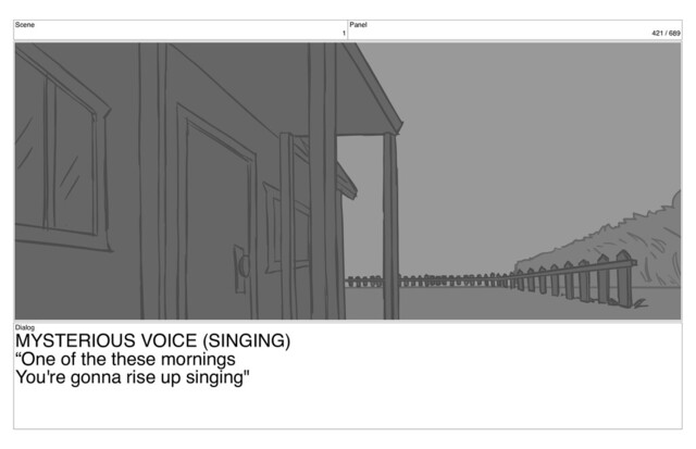 Scene
1
Panel
421 / 689
Dialog
MYSTERIOUS VOICE (SINGING)
“One of the these mornings
You're gonna rise up singing"

