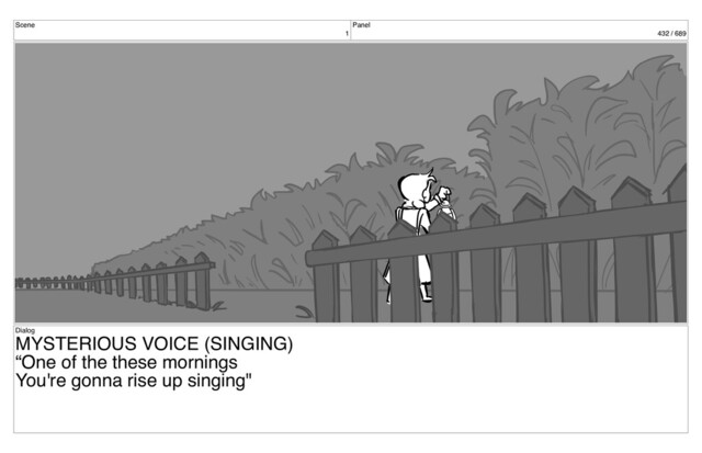 Scene
1
Panel
432 / 689
Dialog
MYSTERIOUS VOICE (SINGING)
“One of the these mornings
You're gonna rise up singing"
