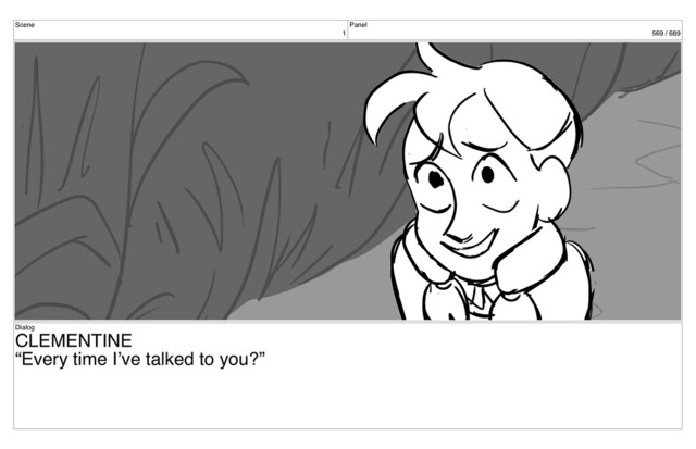 Scene
1
Panel
569 / 689
Dialog
CLEMENTINE
“Every time I’ve talked to you?”
