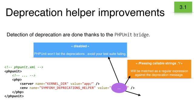 « /Passing callable strings .*/ »
Will be matched as a regular expression
against the deprecation message.
« disabled »
PHPUnit won’t list the deprecations ; avoid your test suite failing.
Deprecation helper improvements
Detection of deprecation are done thanks to the PHPUnit bridge.








…
3.1
