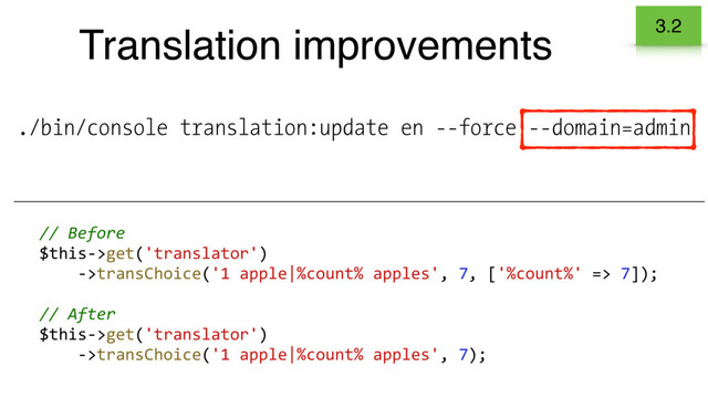 Translation improvements
// Before
$this->get('translator')
->transChoice('1 apple|%count% apples', 7, ['%count%' => 7]);
// After
$this->get('translator')
->transChoice('1 apple|%count% apples', 7);
3.2
./bin/console translation:update en --force --domain=admin
