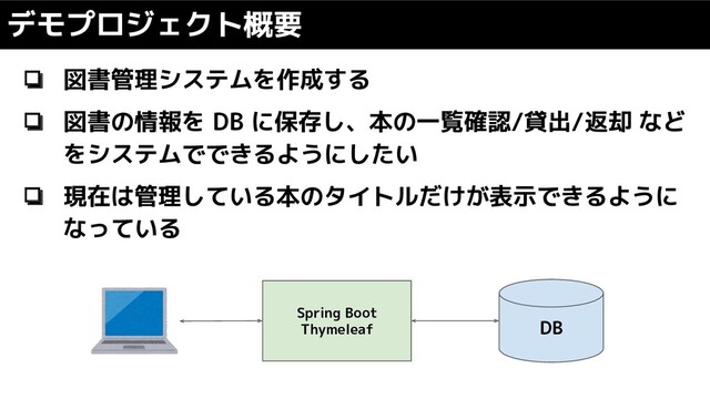 デモプロジェクト概要
❏ 図書管理システムを作成する
❏ 図書の情報を DB に保存し、本の一覧確認/貸出/返却 など
をシステムでできるようにしたい
❏ 現在は管理している本のタイトルだけが表示できるように
なっている
Spring Boot
Thymeleaf DB
