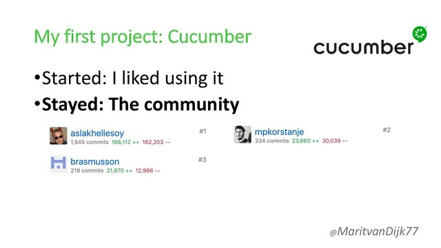 My first project: Cucumber
•Started: I liked using it
•Stayed: The community
@MaritvanDijk77
