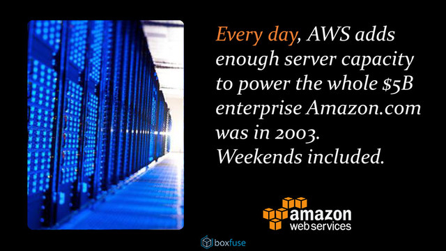 Every day, AWS adds
enough server capacity
to power the whole $5B
enterprise Amazon.com
was in 2003.
Weekends included.
