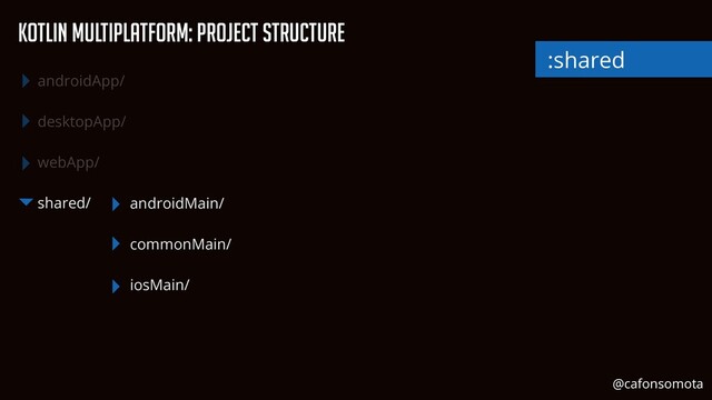 androidApp/


desktopApp/


webApp/


shared/
KOtlin Multiplatform: Project Structure
androidMain/


commonMain/


iosMain/
:shared
@cafonsomota
