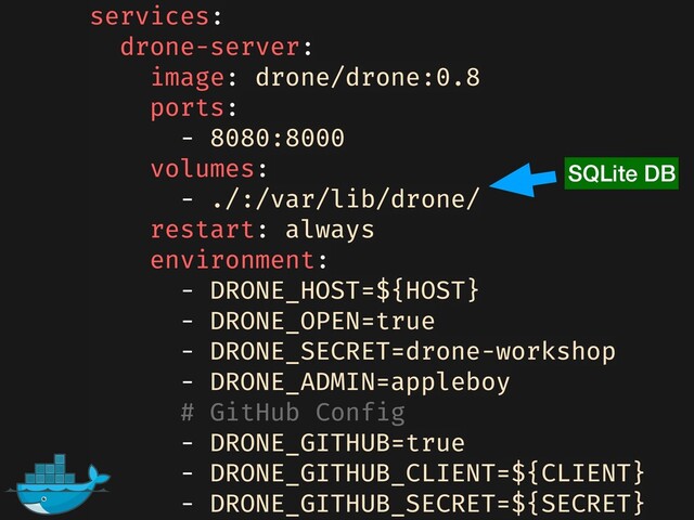 services:
drone-server:
image: drone/drone:0.8
ports:
- 8080:8000
volumes:
- ./:/var/lib/drone/
restart: always
environment:
- DRONE_HOST=${HOST}
- DRONE_OPEN=true
- DRONE_SECRET=drone-workshop
- DRONE_ADMIN=appleboy
# GitHub Config
- DRONE_GITHUB=true
- DRONE_GITHUB_CLIENT=${CLIENT}
- DRONE_GITHUB_SECRET=${SECRET}
SQLite DB
