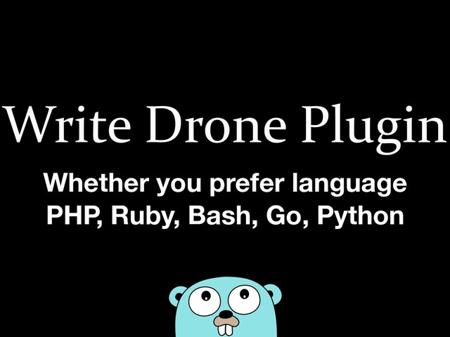 Write Drone Plugin
Whether you prefer language
PHP, Ruby, Bash, Go, Python
