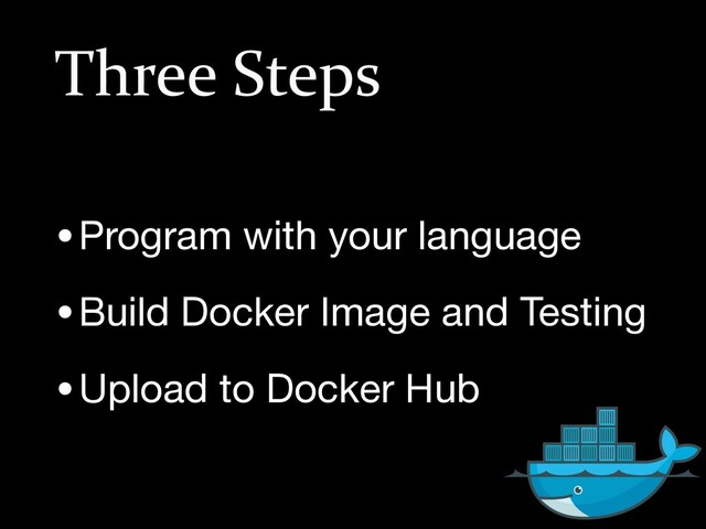 Three Steps
•Program with your language

•Build Docker Image and Testing

•Upload to Docker Hub
