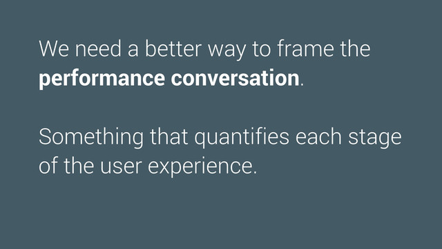 We need a better way to frame the
performance conversation.
Something that quantifies each stage
of the user experience.
