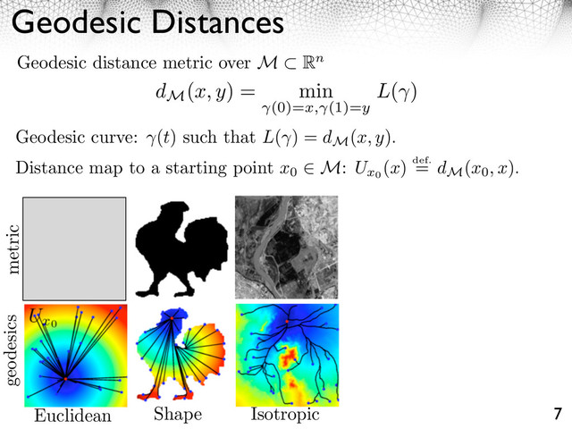 Geodesic Distances
7
Geodesic distance metric over M Rn
Geodesic curve: (t) such that L( ) = dM
(x, y).
Distance map to a starting point x0
M: Ux0
(x) def.
= dM
(x0, x).
metric
geodesics
dM
(x, y) = min
(0)=x, (1)=y
L( )
Euclidean Shape Isotropic
