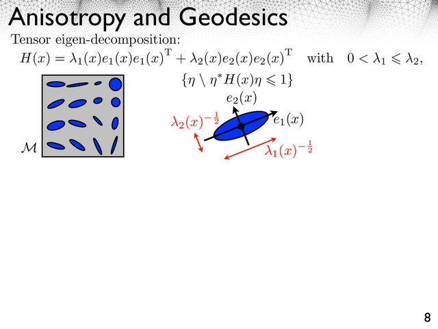 Anisotropy and Geodesics
8
H(x) =
1
(x)e1
(x)e1
(x)T +
2
(x)e2
(x)e2
(x)T with 0 < 1 2,
Tensor eigen-decomposition:
x e1
(x)
M
e2
(x)
2
(x) 1
2
1
(x) 1
2
{ \ H(x) 1}

