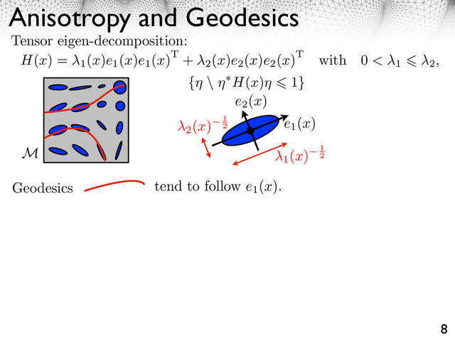 Anisotropy and Geodesics
8
H(x) =
1
(x)e1
(x)e1
(x)T +
2
(x)e2
(x)e2
(x)T with 0 < 1 2,
Tensor eigen-decomposition:
x e1
(x)
M
e2
(x)
2
(x) 1
2
1
(x) 1
2
{ \ H(x) 1}
Geodesics tend to follow e1
(x).
