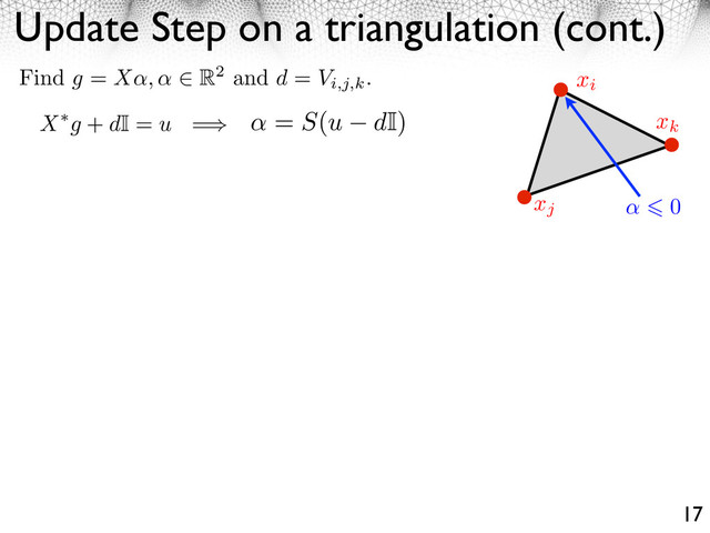 Update Step on a triangulation (cont.)
17
xi
xj
xk
0
X g + dI = u = = S(u dI)
Find g = X , R2 and d = Vi,j,k
.

