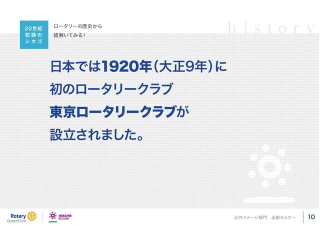 日本では1920年
（大正9年）
に
初のロータリークラブ
東京ロータリークラブが
設立されました。
ロータリーの歴史から
紐解いてみる
！
20世紀
初 頭 の
シ カ ゴ
h i s t o r y
District2720
公共イメージ部門　出前セミナー 10
