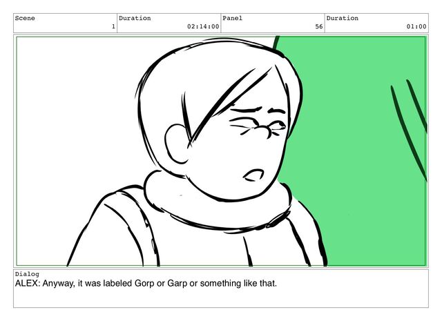 Scene
1
Duration
02:14:00
Panel
56
Duration
01:00
Dialog
ALEX: Anyway, it was labeled Gorp or Garp or something like that.
