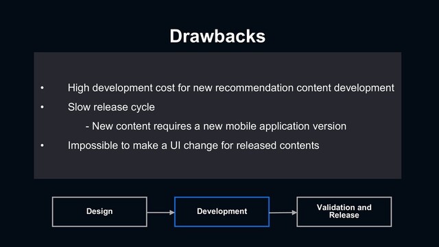 Validation and
Release
Development
Design
Drawbacks
• High development cost for new recommendation content development
• Slow release cycle
- New content requires a new mobile application version
• Impossible to make a UI change for released contents
