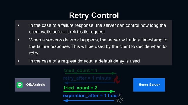 Retry Control
Subtitle
tried_count = 2
expiration_after = 1 hour
Home Server
• In the case of a failure response, the server can control how long the
client waits before it retries its request
• When a server-side error happens, the server will add a timestamp to
the failure response. This will be used by the client to decide when to
retry.
• In the case of a request timeout, a default delay is used
tried_count = 1
retry_after = 1 minute
iOS/Android
