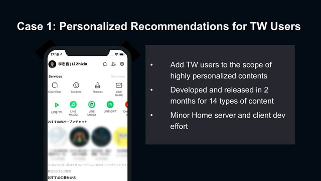 • Add TW users to the scope of
highly personalized contents
• Developed and released in 2
months for 14 types of content
• Minor Home server and client dev
effort
Case 1: Personalized Recommendations for TW Users
