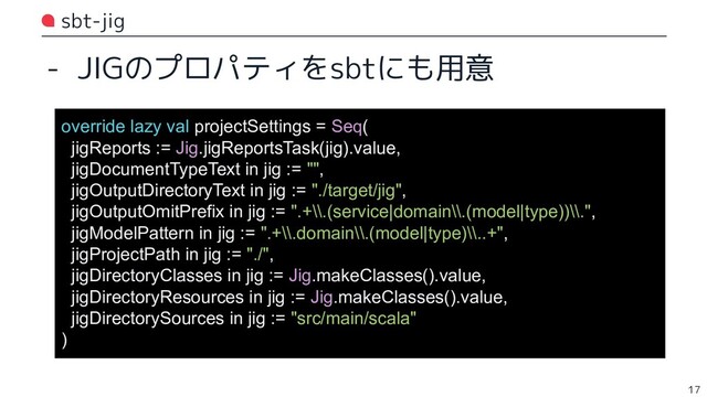 sbt-jig
- JIGのプロパティをsbtにも用意
17
override lazy val projectSettings = Seq(
jigReports := Jig.jigReportsTask(jig).value,
jigDocumentTypeText in jig := "",
jigOutputDirectoryText in jig := "./target/jig",
jigOutputOmitPrefix in jig := ".+\\.(service|domain\\.(model|type))\\.",
jigModelPattern in jig := ".+\\.domain\\.(model|type)\\..+",
jigProjectPath in jig := "./",
jigDirectoryClasses in jig := Jig.makeClasses().value,
jigDirectoryResources in jig := Jig.makeClasses().value,
jigDirectorySources in jig := "src/main/scala"
)
