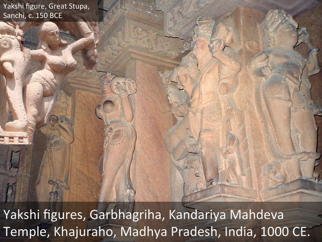Yakshi	  ﬁgures,	  Garbhagriha,	  Kandariya	  Mahdeva	  
Temple,	  Khajuraho,	  Madhya	  Pradesh,	  India,	  1000	  CE.	  
Yakshi	  ﬁgure,	  Great	  Stupa,	  
Sanchi,	  c.	  150	  BCE	  
