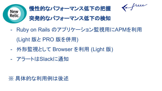 - Ruby on Rails のアプリケーション監視用にAPMを利用
(Light 版と PRO 版を併用)
- 外形監視として Browser を利用 (Light 版)
- アラートはSlackに通知
※ 具体的な利用例は後述
慢性的なパフォーマンス低下の把握
突発的なパフォーマンス低下の検知
