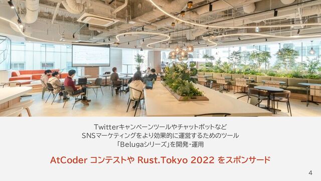 4
Twitterキャンペーンツールやチャットボットなど
SNSマーケティングをより効果的に運営するためのツール
「Belugaシリーズ」を開発・運用
AtCoder コンテストや Rust.Tokyo 2022 をスポンサード
