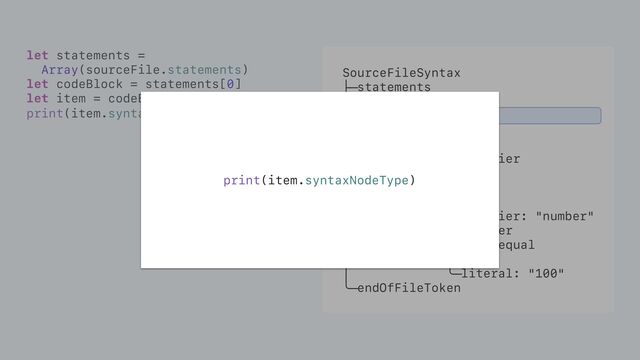 SourceFileSyntax
├─statements
│ ╰─[0]
│ ╰─item
│ ├─attributes
│ ├─modifiers
│ ├─bindingSpecifier
│ ╰─bindings
│ ╰─[0]
│ ├─pattern
│ │ ╰─identifier: "number"
│ ╰─initializer
│ ├─equal: equal
│ ╰─value
│ ╰─literal: "100"
╰─endOfFileToken
let statements =
Array(sourceFile.statements)
let codeBlock = statements[0]
let item = codeBlock.item
print(item.syntaxNodeType)
print(item.syntaxNodeType)
