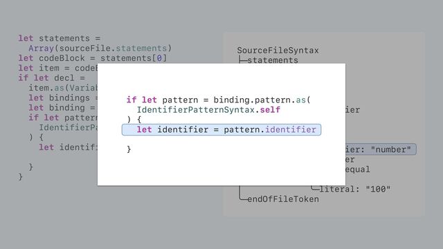 let statements =
Array(sourceFile.statements)
let codeBlock = statements[0]
let item = codeBlock.item
if let decl =
item.as(VariableDeclSyntax.self) {
let bindings = Array(decl.bindings)
let binding = bindings[0]
if let pattern = binding.pattern.as(
IdentifierPatternSyntax.self
) {
let identifier = pattern.identifier
}
}
SourceFileSyntax
├─statements
│ ╰─[0]
│ ╰─item
│ ├─attributes
│ ├─modifiers
│ ├─bindingSpecifier
│ ╰─bindings
│ ╰─[0]
│ ├─pattern
│ │ ╰─identifier: "number"
│ ╰─initializer
│ ├─equal: equal
│ ╰─value
│ ╰─literal: "100"
╰─endOfFileToken
if let pattern = binding.pattern.as(
IdentifierPatternSyntax.self
) {
let identifier = pattern.identifier
}
