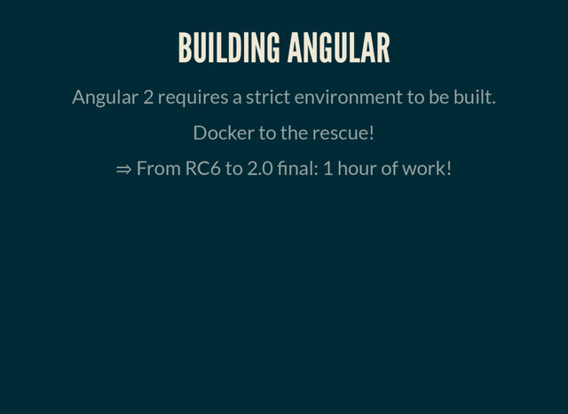 BUILDING ANGULAR
Angular 2 requires a strict environment to be built.
Docker to the rescue!
⇒ From RC6 to 2.0 nal: 1 hour of work!
