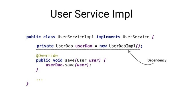 User Service Impl
public class UserServiceImpl implements UserService {
@Override
public void save(User user) {
userDao.save(user);
}
...
}
Dependency
private UserDao userDao = new UserDaoImpl();
