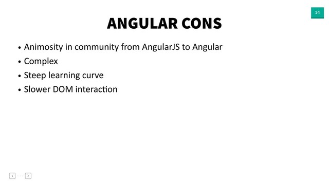 ANGULAR CONS 14
• Animosity in community from AngularJS to Angular
• Complex
• Steep learning curve
• Slower DOM interacVon
