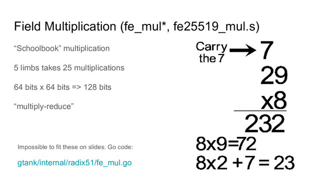 Field Multiplication (fe_mul*, fe25519_mul.s)
“Schoolbook” multiplication
5 limbs takes 25 multiplications
64 bits x 64 bits => 128 bits
“multiply-reduce”
Impossible to fit these on slides. Go code:
gtank/internal/radix51/fe_mul.go
