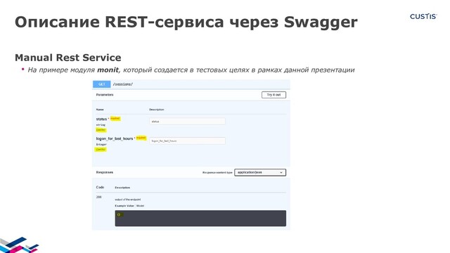 Описание REST-сервиса через Swagger
Manual Rest Service
• На примере модуля monit, который создается в тестовых целях в рамках данной презентации
