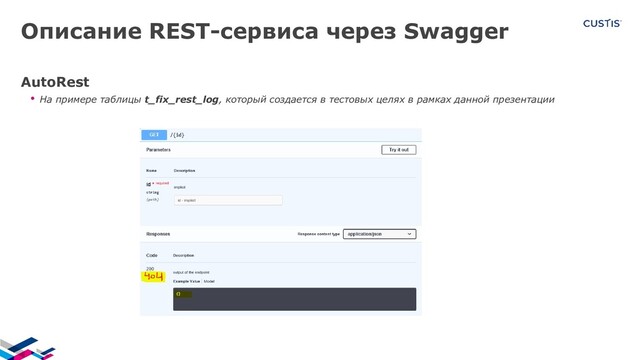Описание REST-сервиса через Swagger
AutoRest
• На примере таблицы t_fix_rest_log, который создается в тестовых целях в рамках данной презентации
