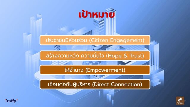 2
เป้าหมาย
ประชาชนมีส่วนร่วม (Citizen Engagement)
สร้างความหวัง ความมั่นใจ (Hope & Trust)
ให้อํานาจ (Empowerment)
เชื่อมต่อกับผู้บริหาร (Direct Connection)
