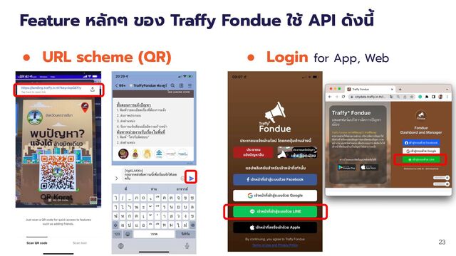 Feature หลักๆ ของ Traffy Fondue ใช้ API ดังนี้
● URL scheme (QR)
23
● Login for App, Web
