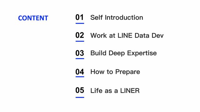 01
02
03
04
Work at LINE Data Dev
Build Deep Expertise
Self Introduction
05
CONTENT
Life as a LINER
How to Prepare
